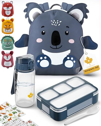 LAUBGOLD® Kindergartenrucksack Mädchen u. Jungen Set inkl. Brotdose u. Trinkflasche mit Stickern | BPA-freies Set | Rucksack Kindergarten Mädchen | Reflektoren, Brustgurt, Leicht | Kinderrucksack