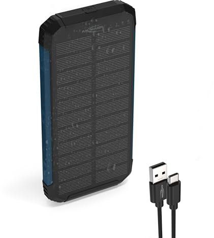 ANSMANN Solar Powerbank 10000 mAh, Outdoor Ladegerät Wireless, mit Solarpanel & Taschenlampe, 2 USB-A Ausgänge, USB-C Eingang, Smartphones, Tablets & mehr