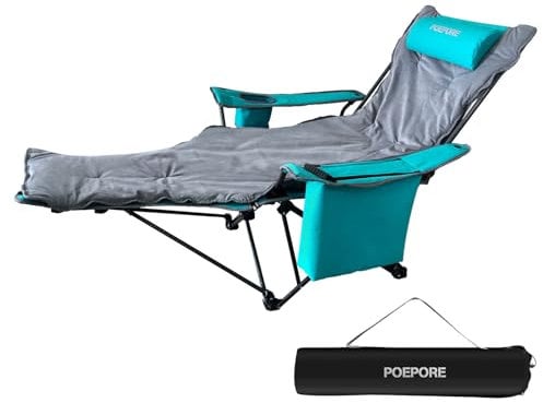 POEPORE Campingstuhl Faltbar mit Fußstütze 4-Fach Campingstühle Strandstuhl Liegestuhl für Erwachsene 120kg Klappbarer Angelstuhl mit Kühltasche Wattepad Kissen Getränkehalter Cyan