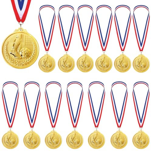 Nizirioo 15 Stück Fußballverein Medaillen: Medaillen Kinder mit Bändern,Fussball Goldmetallmedaille,Gewinner Medaillen mit Gravur Trophäen Muster,Wettbewerbe Auszeichnungen Goldmetallmedaille
