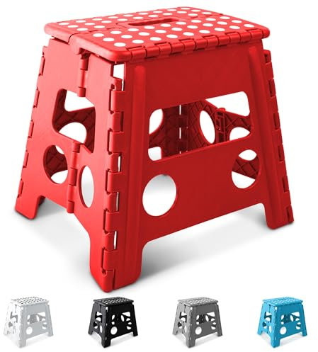 KEPLIN 13 Inch Heavy Duty Folding Step Stool | Non-Slip Foldable Footstool for Toddlers, Children & Adults | Portable, Lightweight Plastic Footstep w/Carrying Handle for Indoor or Outdoor (Red)