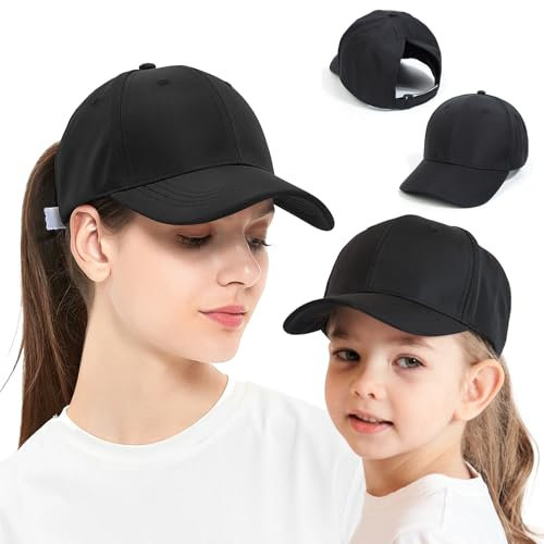 Yaopelky 2 x Mama- und Mini-Hüte für Pferdeschwanz, Baseballkappen, Eltern-Kind-Mütze, passender Hut, hoher unordentlicher Dutt, Ponycap, Trucker, Schwarz, Einheitsgröße