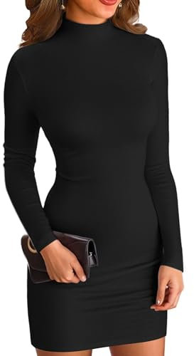 VICHYIE Women Mock Neck Ribbed Bodycon Dress Long Sleeve Mini Pencil Dresses, Black, XS