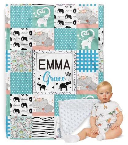 ZOTIMEF Personalisierte Babydecke - Individueller Name mit Tiermotiven Karo-Design - Patchwork Weiche Kuscheldecke mit Doppellagiger Gepunkteter Rückseite für Jungen Mädchen Geschenke Farbe08-Elefant