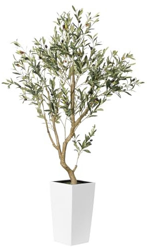 FEELEAD Ulivo finto 1,5 m, ulivo artificiale per interni, 152,4 cm, con fioriera bianca, piante finte con tronco di legno naturale, albero di ulivo in seta con vaso, per la decorazione della casa e