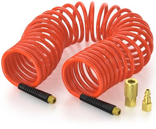 YESWELDER Air Compressor Hose, 1/4'' 25ft Polyurethane Recoil Air Hose with Bend Restrictor, 1/4 inch Pure Copper Quick Connector Fittings
