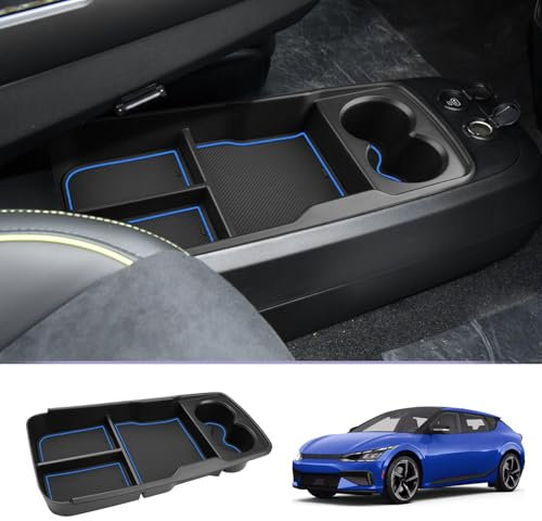LUWU Compatible with Kia EV6 2021-2024 2025 Centre Console Organiser Storage Compartment EV6 2023 Storage Box with Drink Holder Lower Centre Console Organiser Storage EV6 Accessory (Blue)