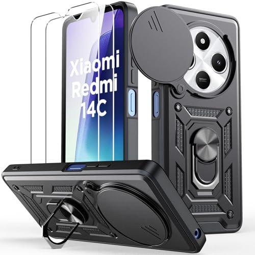 Oududianzi - Funda para Xiaomi Redmi 14C / Xiaomi Poco C75[2 Protector Vidrio Templado], con Cubierta Deslizante de la Cámara, Soporte Giratorio de 360 ° y Funda Protectora TPU de Silicona - Negro
