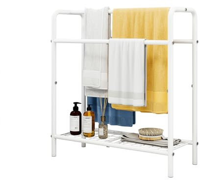VERFARM 3 Tier Freestanding Towel Rack, Large White Anti-rust Coating Metal Towel Rail Towel Holder with Storage Shelf, Bathroom Accessories Organizer for Bath Storage & Hand Towels, Washcloths