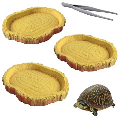 3Pcs Tortoise Water Bowl Bark Design Shallow Reptile Food Dish & Tweezer | Three Pieces Set, Premium PVC Material, Stainless Steel Tongs, Easy To Clean, Lizard Habitat Accessories