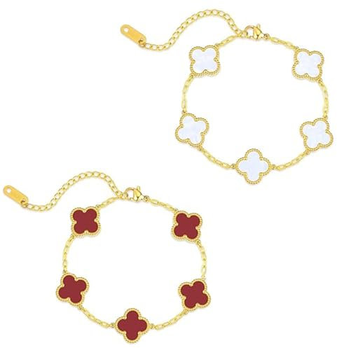 LIURFLNC 2 Stück Kleeblatt Armband, Einfache Design Stil Lucky Kleeblatt Schmuck, Modische Exquisite Freundschaft Armband Glücksschmuck für Damen und Mädchen (Weiß + Rot)
