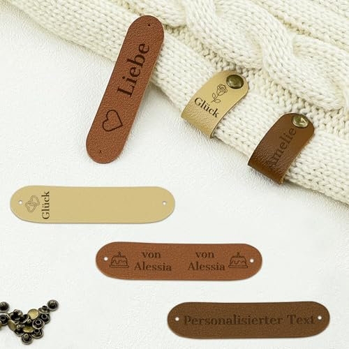 10 Stück Personalisiert Handmade Label Zum Annähen mit Nieten, Benutzerdefinierte Etiketten für Stricken Häkeln KunstlederEtiketten für Gestrickte Mützen Schals Handschuhe (0,6 x 2,6 Zoll)