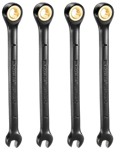 sourcing map 4Pcs Ratcheting Spanner 7mm Metric Open End Wrench 72-Teeth CR-V Steel 12 Point Nickel Plated Combination Ratchet Wrench for Fasteners Nut Bolt