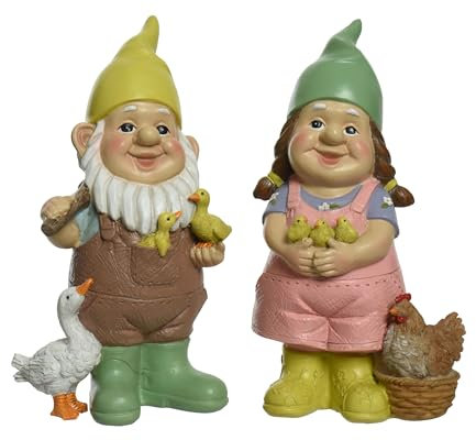 Decoris Gartenzwerg Paar Bauer & Bäuerin 12x9x22cm Keramik mit Tieren 2er Set - Gartendeko Gartenfiguren Bauernhof - Gartenwichtel & Garten Deko Wichtel Figuren - Wichtelfiguren Dekofiguren für Außen