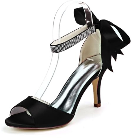 HQINGAXU Femmes Chaussures De Mariage À Bout Ouvert Talons Aiguilles Hauts Soirée Décontractées en Satin Mariée Bride Cheville Sandales Strass Escarpins Lacets,Noir,35 EU