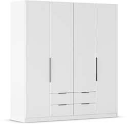 Rauch Möbel Belfast Kleiderschrank, Schrank, Garderobe, Organizer, 4-türig, 4 Schubladen für mehr Stauraum, Farbe Weiß, Kurze Griffleisten Grau metallic, 181x197x54cm