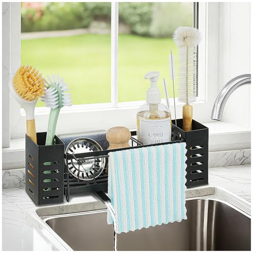 LBTING Spülbecken-Caddy für Küche, Theke und Wandmontage, Schwammhalter mit 2 Bürstenaufbewahrungsschlitzen, selbstentleerender Karbonstahl, Küchenorganizer für Schwamm, Bürste, Seifenschale – Schwarz