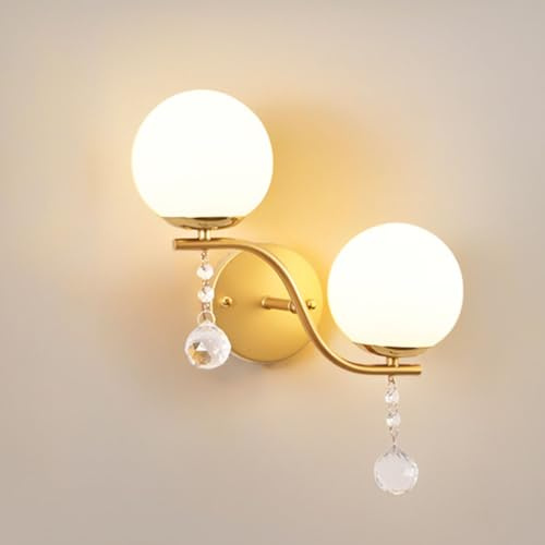 AoLa Kugel Glas Wandleuchte 2 flammige Innen E27 Wandlampe Gold mit Kristall Anhänger Moderne Nachttischlampe Rund Metall mit Glaskugel Wand Deko Lampe für Schlafzimmer Wohnzimmer Flur