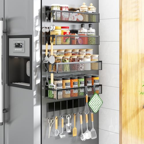 Aufworld Magnetisches Gewürzregal für Kühlschrank, 5 Stück verstellbare Magnetregale mit 8 Haken, Kühlschrank-Organizer für Küche (inkl. 8 Haken) – Platzsparend & Bohrfrei
