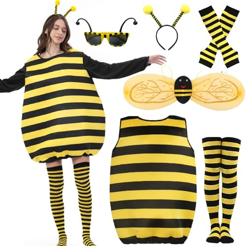 Mprocen Bee Costume for Adults, Halloween Women's Bee Costume Animal Cosplay Costume with Wings Leg Warmers Stockings Headband Sunglasses Fancy Dress Costumes for Halloween Carnival Themed Party