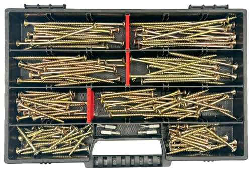 FRACKMANN Schraubenset 165 Teile – Holzschrauben & Spanplattenschrauben 5x45 bis 5x120 – inkl. 4 TX Bits & Sortimentskoffer – Profiqualität