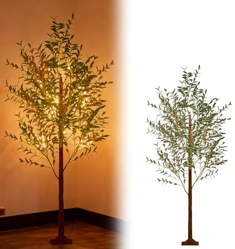 LILIIN Weihnachtsbaum Künstlicher Pflanzenbaum mit Lichtern Beleuchtet LED Christbaum Tannenbaum Innen Deko Baum Licht Olivenbaum, Lichterbaum für Weihnachten, Frühling(150cm, Warmweiß)