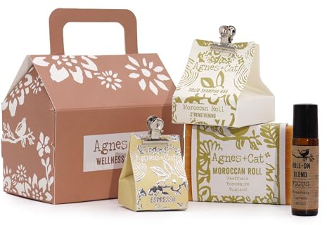 Wellness Self Care Gift Set with Soap, Solid Shampoo, Lip Balm and Essential Oil – Bloom and Bliss, Moroccan Morning or Lake Breeze – Luxury Pamper Gift Box (Moroccan Morning)