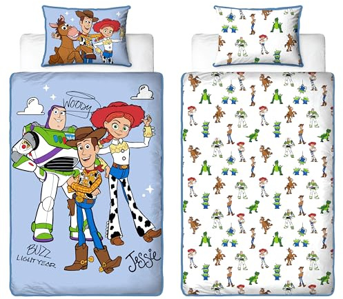 Disney Toy Story Offiziell Lizenziertes Kinder-Einzelbettwäsche-Set | Wendbares, beidseitiges Bettwäsche-Set mit passendem Kissenbezug | Design „Explore“ mit Buzz, Woody, Jessie | Polycotton