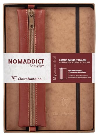 Clairefontaine 793469C - Set Nomaddict mit Notizbuch A5 My.essential liniert und Federmäppchen Braun, 1 Set