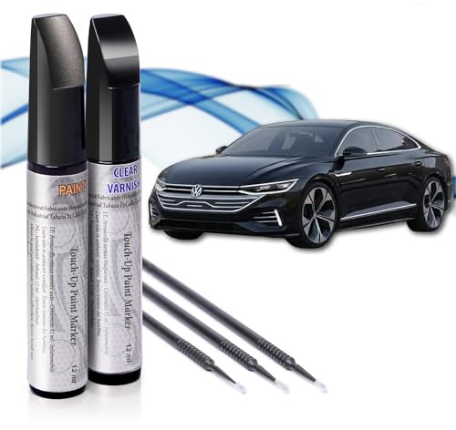 Reparador de Arañazos para Coche, Lápiz de Retoque para Automóvil, Bolígrafo Repara Arañazos, Rotulador de Reparación, 2 Piezas de Pintura de Retoque Volkswagen (LY9T Negro Mitos) con Base + Laca.