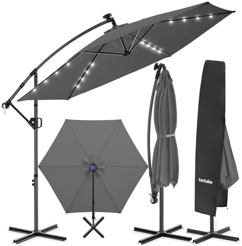 tectake® Ombrellone da Giardino 3x3 m, Ombrellone a Braccio Girevole 360° con Strisce Led a Energia Solare, Protezione UV 50+, Idrorepellente, Inclinabile, Base in Acciaio a Croce, Manovella