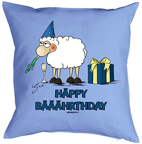 Goodman Design Lustige Comic Schaf Geburtstagskissen - Kissenbezug : Häppy Bääährthday by Gali - Kissen ohne Füllung - Farbe: hellblau