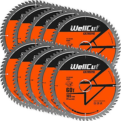 WellCut TCT Saw Blade 165mm x 60T x 20mm Bore Suitable for DSS610, DSS611, DCS391, HD18CS, M18CS55 Pack of 10
