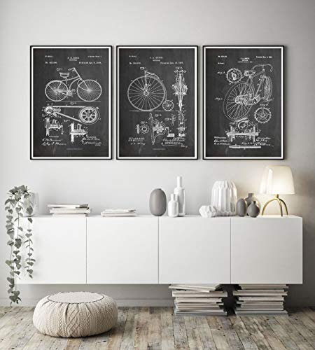 Cycling Posters Set of 3 Bicycle Patent Prints Vintage Bicycle Inventions Cycling Inventions Tour de France Cyclist Gift Biker WB374-WB376 (21cm x 30cm, Chalkboard Black)