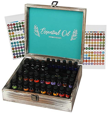 J JACKCUBE DESIGN Essential Oil Storage Box Organizer with 70 Slots, Rustic Wooden Oil Holder Display Case for 5 10 15 ml Essential Oil Bottles & 10 ml Rollers - MK588A