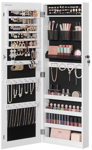 SONGMICS Jewelry Cabinet Armoire, Lockable Wall-Mounted Organizer Unit with 2 Plastic Cosmetic Storage Trays, Full-Length Frameless Mirror, White UJJC001W01