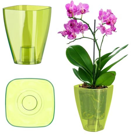 KADAX Orchid Pot, Plastic Flowerpot in Several Colours, Lightweight Plant Pot in Multiple Sizes, Elegant Pot for Living Room, Office and Bedroom (⌀12 cm, Square, Green)