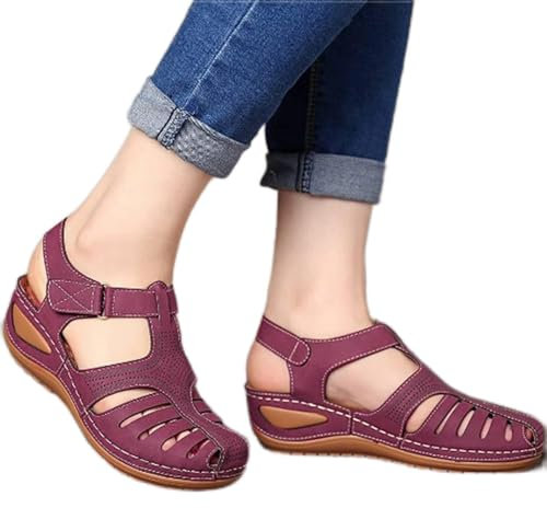 HHZY Sandali Cava A Chiuse Davanti Donna Premium Ortopedico Sandali Estivi Comode Cuoio Sandali con Zeppa Plateau Vintage Sportivi Sandali Scarpe da Spiaggia,Viola,41