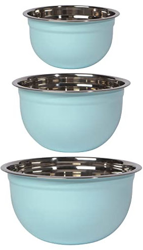 Now Designs Matte Coated Steel Mixing Bowls, Robins Egg Blue, 5 qt, 3 qt, 1.5qt, Set of 3