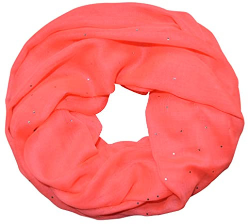 thb Richter Damen Glitzerschal Schlauchschal Loopschal Einfarbig Uni Sommerschal mit Glitzer Strass Loop Tuch Tücher Schals (Strass - Neon Rosa)