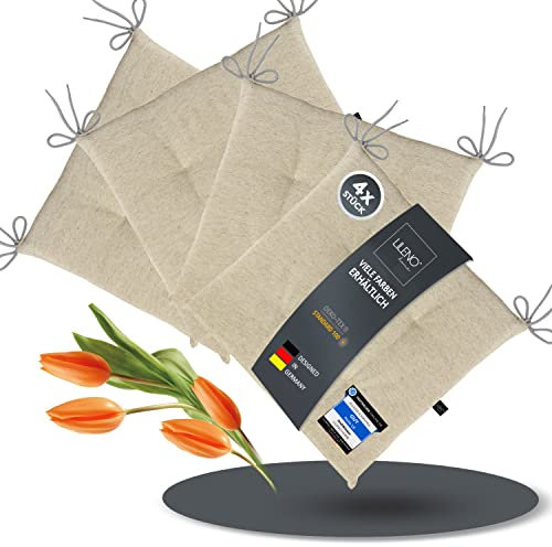 LILENO HOME 4er Set Stuhlkissen Nature (40x40x4,5 cm) - Sitzkissen für Gartenstuhl, Küche oder Esszimmerstuhl - UV-beständige Indoor u. Outdoor Stuhlauflage als Stuhl Kissen (Laura FUM)