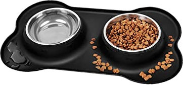Dog Bowls, Puppy/Cat Bowl Stainless Steel Double Dog Bowl with Non-Spill/Non Slip Silicone Mats Tray for Dogs Puppies Cats Food Water Feeding (M,2 x 400ml Each Bowl) black)