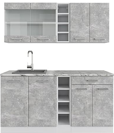 Vicco Singleküche R-Line, Küchenzeile Single, Beton/Weiß, 160 cm, AP Marmor