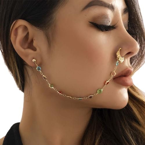 Inateannal Punk Gefälschte Nasenring Kette bunten Kristall baumeln Nase Hoop Ring mit Kette Non Piercing Manschette Nase zu Ohr Kette Frauen Faux Body Nasenring indischen Schmuck für Frauen Mädchen