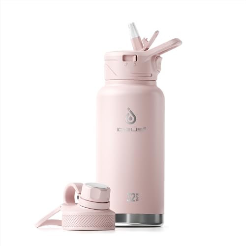 IDEUS Vakuumisolierte Wasserflasche, 32oz (950 ml) Edelstahl Doppelwand Flasche Metall Sport Kantine mit auslaufsicherem Schraubverschluss (Hellrosa)