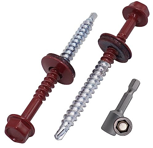SKIR'CO (50 pièces) Vis Toiture Peintes 4,8 x 60 mm, Tête Hexagonale, Vis Autoperceuses Avec Rondelles EPDM (Rouge Oxyde, RAL 3009)