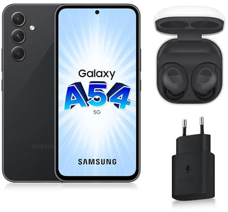 Samsung Galaxy A54 Smartphone Android 5G 128 Go Graphite, Chargeur secteur 25W inclus Noir + Samsung Galaxy Buds FE Écouteurs sans fil Graphite