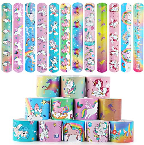 UKOFEW Bracciali Bambini, Braccialetti Slap Gadget Compleanno Bambini, Braccialetti per Bambini Bracciali a Scatto Bambini Regalo Compleanno Bambini Regalini Fine Festa (Unicorno-24 Pezzi)