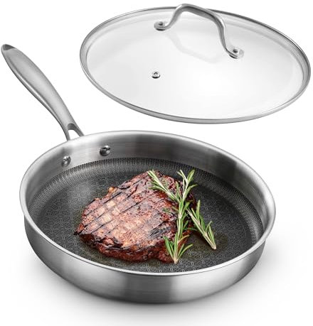 Navaris Stainless Steel Frying Pan with Glass Lid - Durable & Scratch Resistant 26cm/10.2 Pans w/Stay Cool Metal Handle - Tri-Ply Construction Ideal for All Stoves, Oven Safe