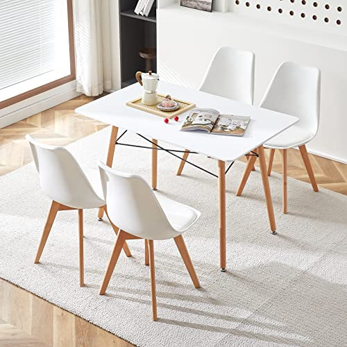 LafeuR Essgruppe Esstisch mit 4 Stühlen, 4er Set Esszimmerstühle und Rechteckig Küchentisch Esszimmergruppe Sitzgruppe für Esszimmer Küche Wohnzimmer Büro(Weiß Tisch + 4 Weiß Stuhl)